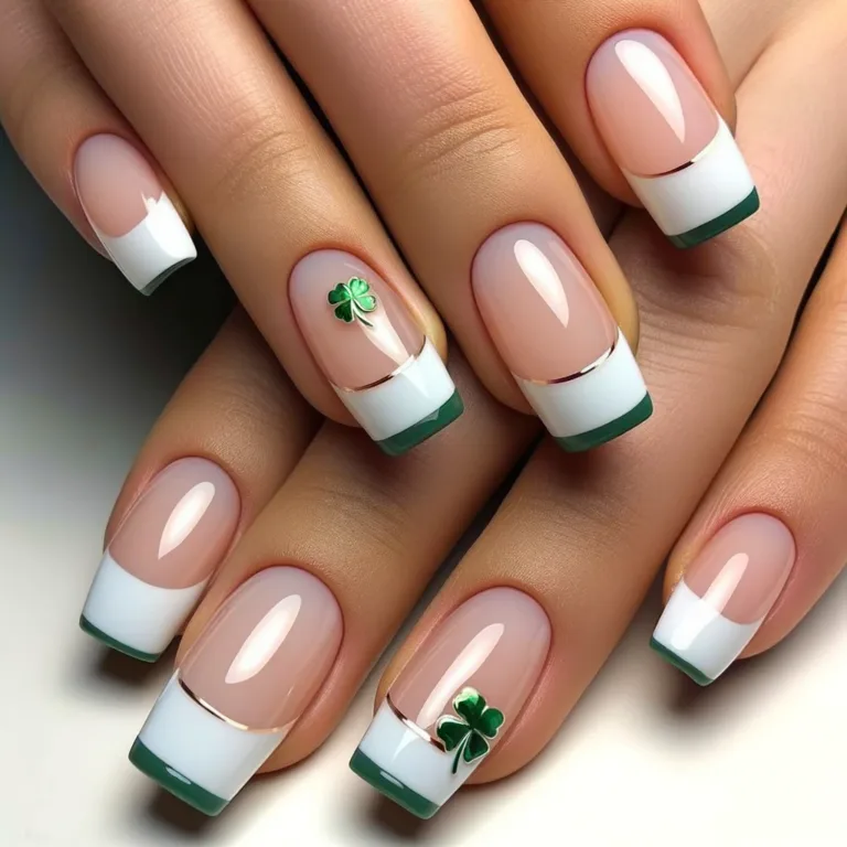 A classy French manicure suitable for St. Patrick's Day, on square-shaped nails using gel techniques. The nails are styled in a classic French manicur