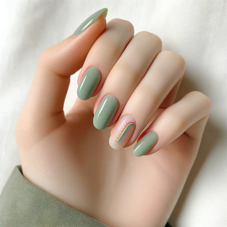 A cute and minimalist design on a hand with five fingers, featuring acrylic oval nails. The nails are painted in a soft green shade, exuding a calm an