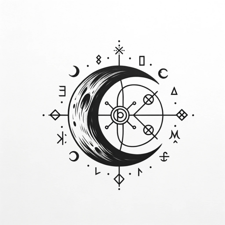 A minimalist tattoo design featuring a moon with less black and more subtle mystic symbols. The design incorporates delicate and less prominent mystic