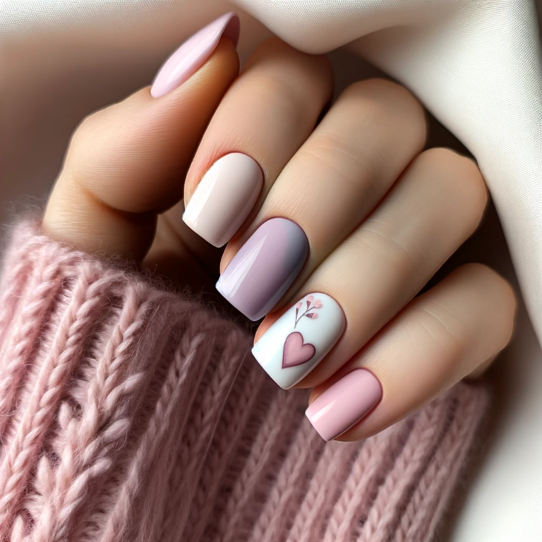 A romantic and minimalist Valentine's Day nail design, featuring soft colors on square-shaped nails. The color palette includes pale pinks, lavenders,