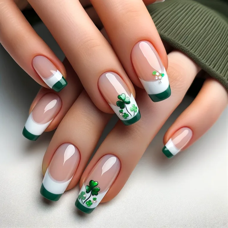 A set of French tip nails designed for St. Patrick's Day, featuring minimalist green lucky charm accents. The nails have the classic French tip design