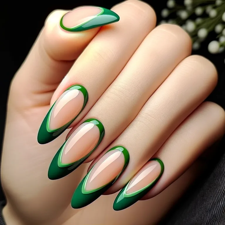 A set of almond-shaped nails with green French tips. The nails are shaped elegantly into an almond form, offering a sophisticated and modern appearanc