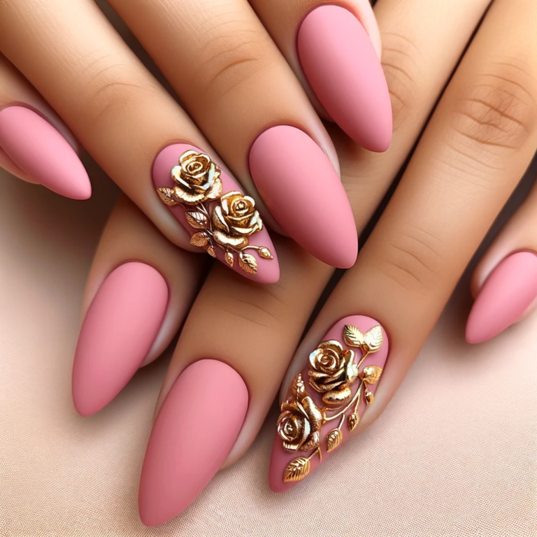 A set of cute almond-shaped nails in a charming pink shade, ideal for a stylish and feminine look. Each nail is adorned with a small, exquisite gold r