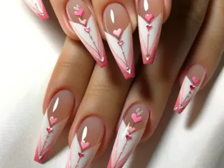 A set of long, almond-shaped press-on nails designed for Valentine's Day. The nails feature an elegant French manicure style with a pink base. Each na
