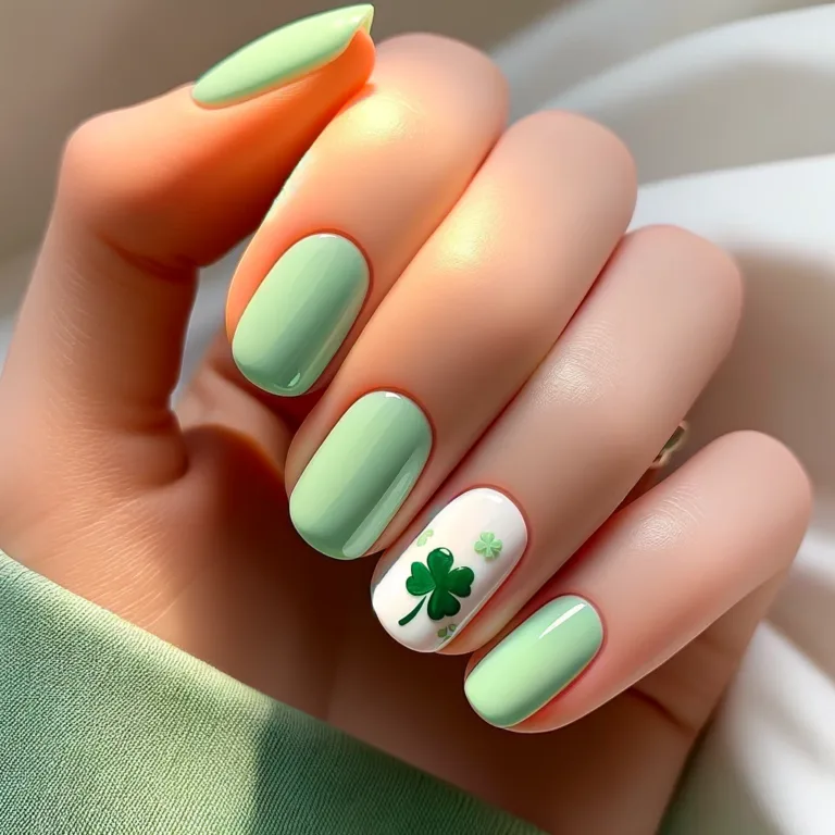 A simple and cute St. Patrick's Day themed nail art design. Each nail is painted with a soft, pastel green base color. The design is minimalistic, fea