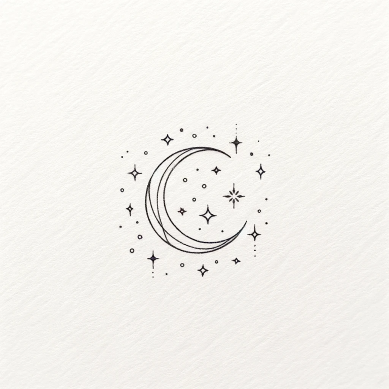 A small and elegant tattoo design featuring a crescent moon surrounded by delicate stars. The design is minimalist and dreamy, capturing an ethereal e