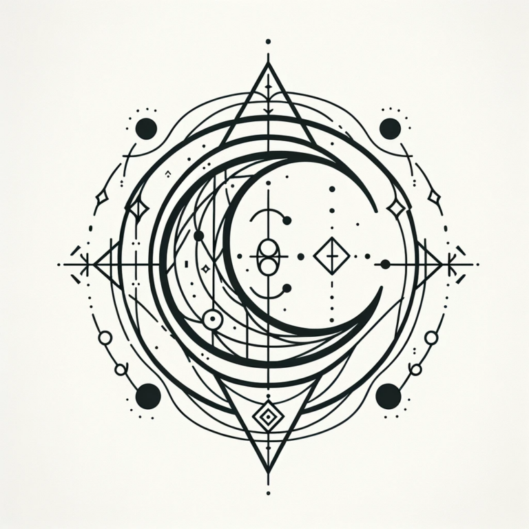 A tattoo design featuring a crescent moon that resembles a sigil, combining minimalist and feminine elements. The design incorporates mystical symbols