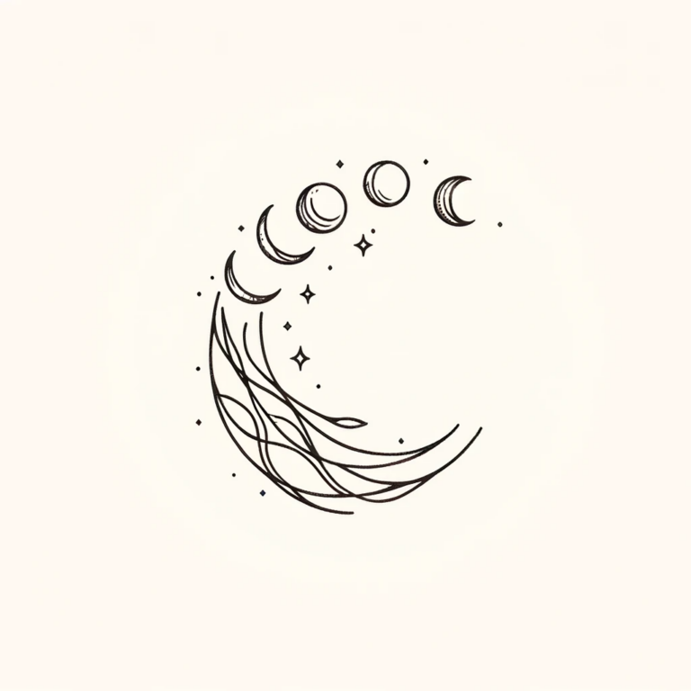 A delicate and sophisticated line art tattoo design, incorporating moons in various phases to symbolize the Aquarius zodiac sign. The design maintains