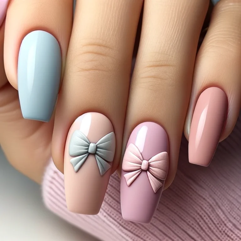 Pastel nails with a bow design on one nail. The nails are painted in soft pastel colors, creating a delicate and feminine look. One of the nails, pref