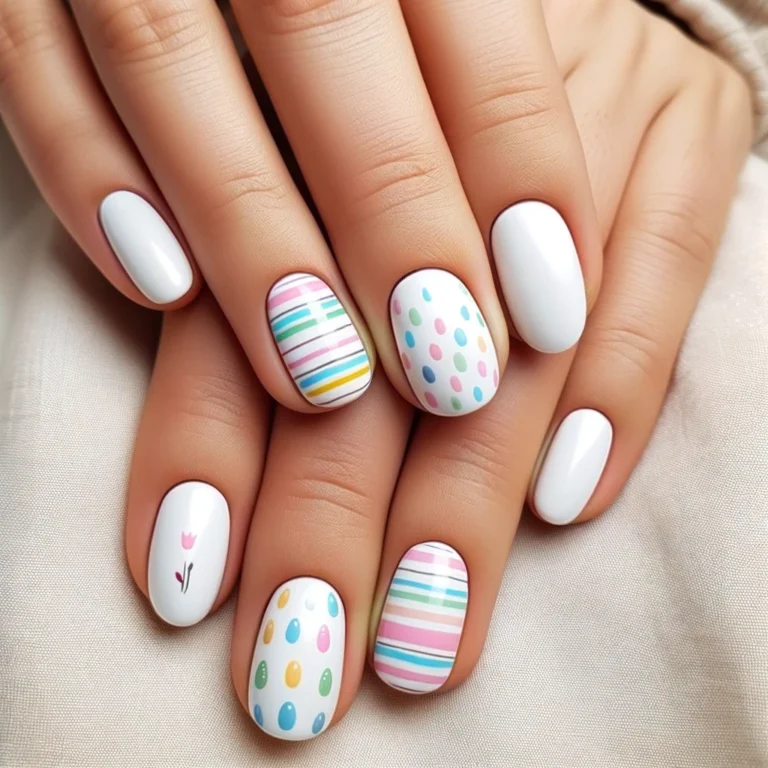 Simple Easter egg design nails with a minimalist approach. The nails have a clean white base coat, adorned with minimal yet colorful decorations. Each nail displays a simple pattern, such as a single stripe, a few dots, or a small zigzag, in bright Easter colors like pink, blue, green, and yellow. This design avoids overcrowding, ensuring each pattern stands out distinctly. Ideal for those who prefer understated elegance and simplicity, this nail art offers a subtle nod to traditional Easter egg decorating, perfect for a festive yet refined look.