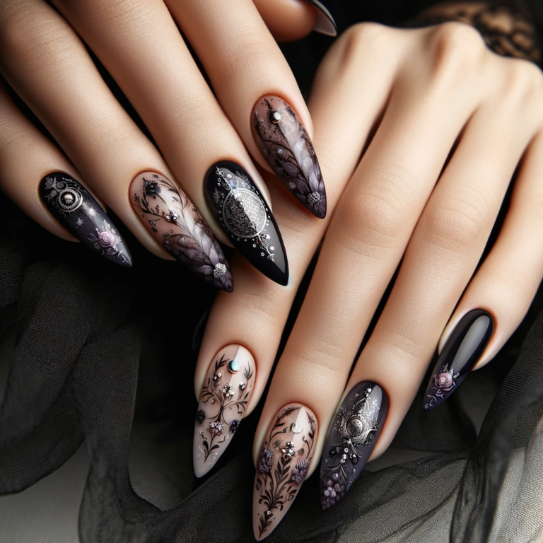 almond witchy nails - A close-up photo of hands with almond-shaped witchy nails. The nails are elegantly designed, featuring intricate patterns with mystical symbols and da