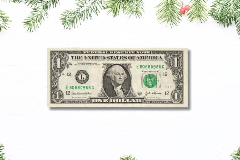 dollar bill on a white christmas styled background