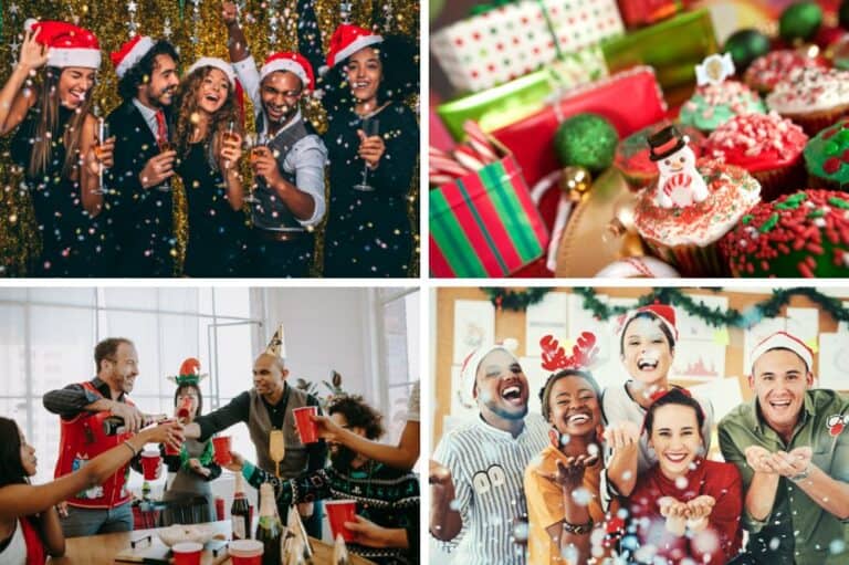 a collage of people playing christmas party games and eating christmas food