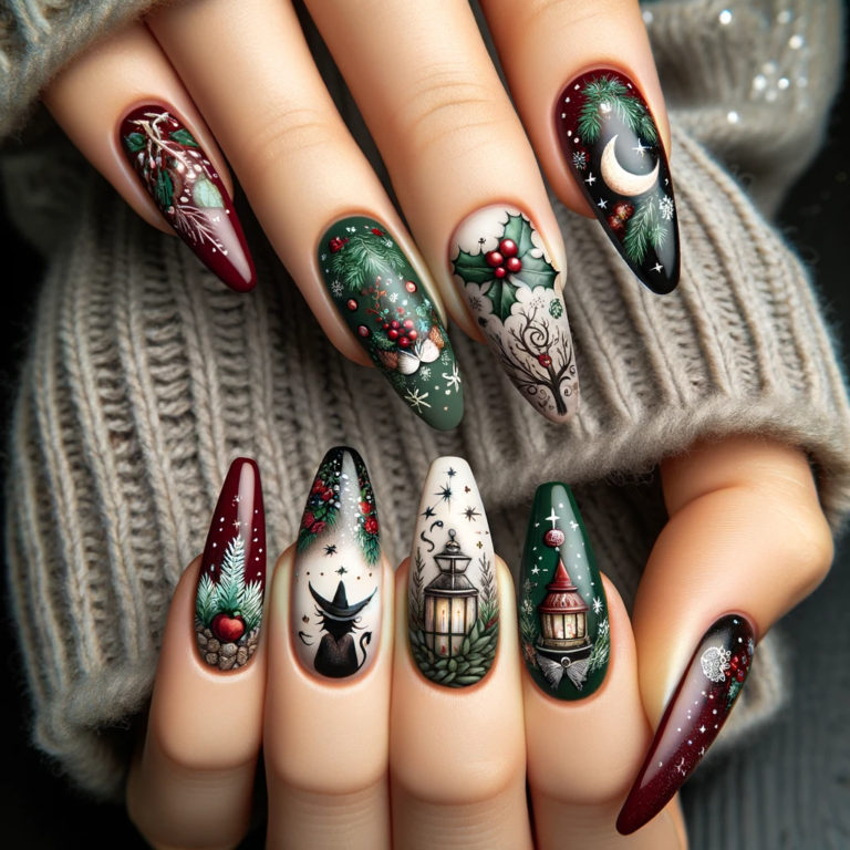 christmas witchy nails - A close-up photo of hands with Christmas witchy nails. The nails incorporate traditional Christmas colors and patterns with a witchy twist, perfect fo