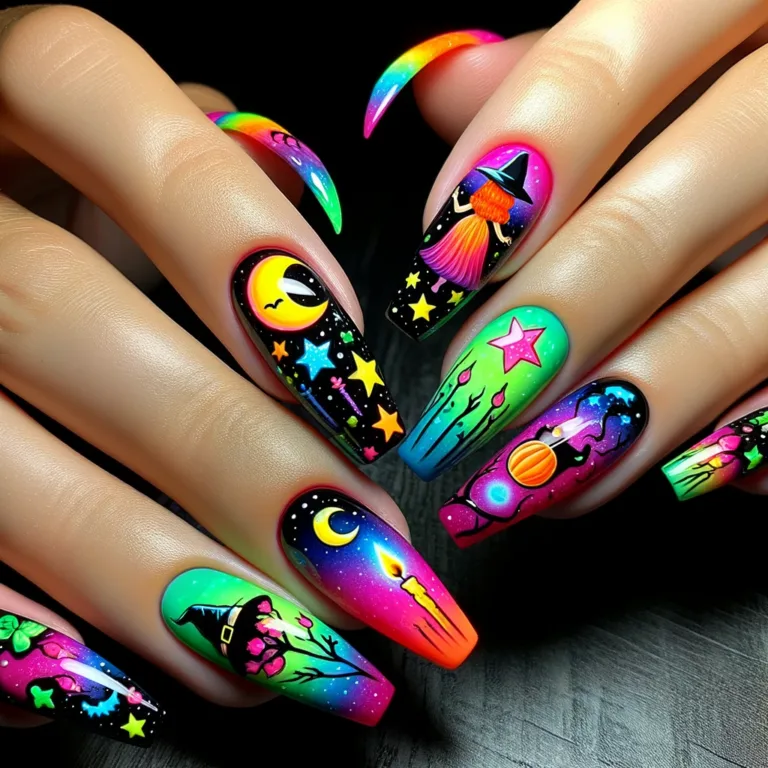 colorful witchy nails - A close-up photo of hands with colorful witchy nails. These nails feature a vibrant blend of bright and bold colors, combined with witchy motifs like