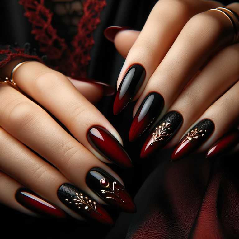 dark red witchy nails - A close-up photo of hands with dark red witchy nails. The nails are painted in deep, rich red shades, adorned with black accents or gold detailing. Th