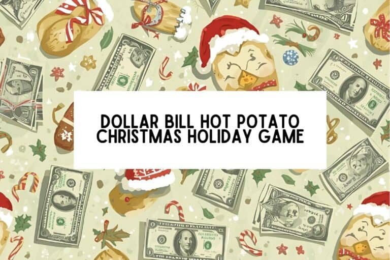 text that reads "dollar bill hot potato christmas holiday game" on a repeating background of christmas dollar bills and potatoes