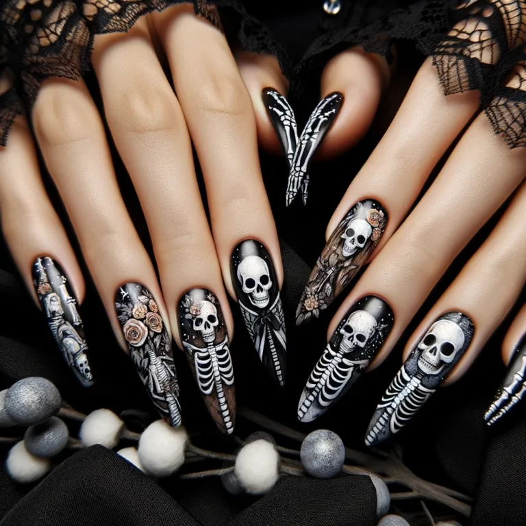 halloween witchy nails - A close-up photo of hands with witchy nails designed for Halloween, featuring skeleton themes. The nails include intricate designs of skeletons, bones