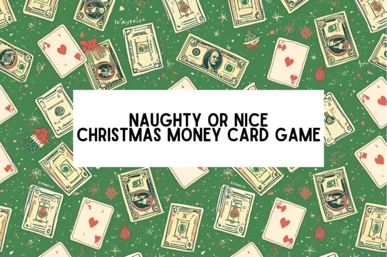 text that reads "naughty or nice christmas money card game" atop a christmas themed repeating pattern with money and cards
