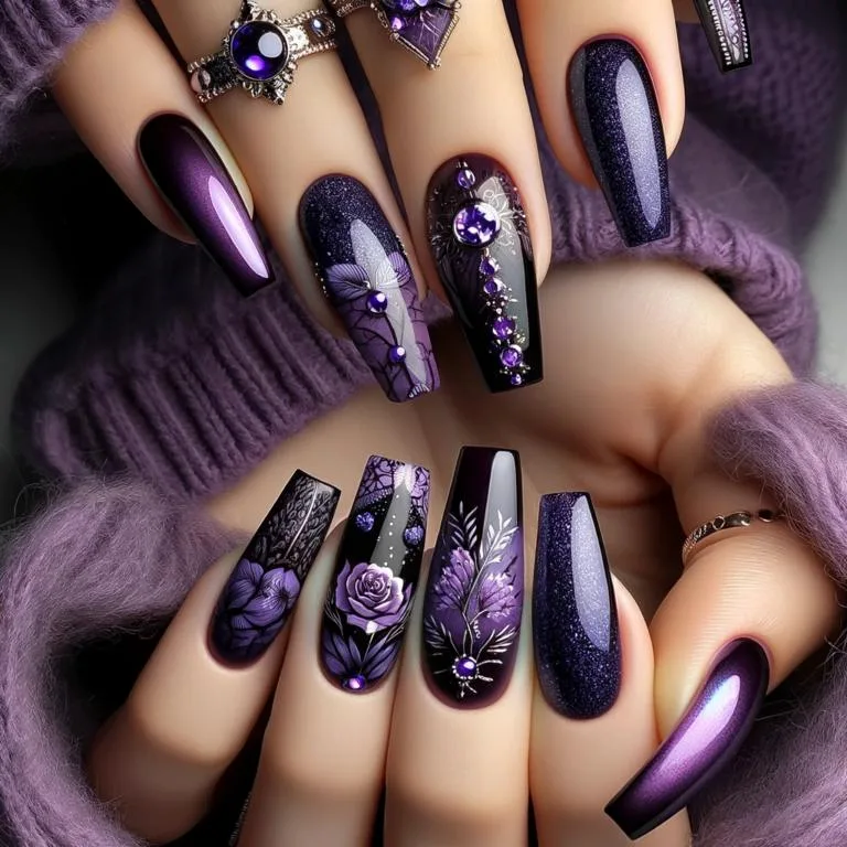 purple witchy nails - A close-up photo of hands with purple witchy nails. The nails are painted in luxurious deep purple shades, accented with silver or gold details, addin