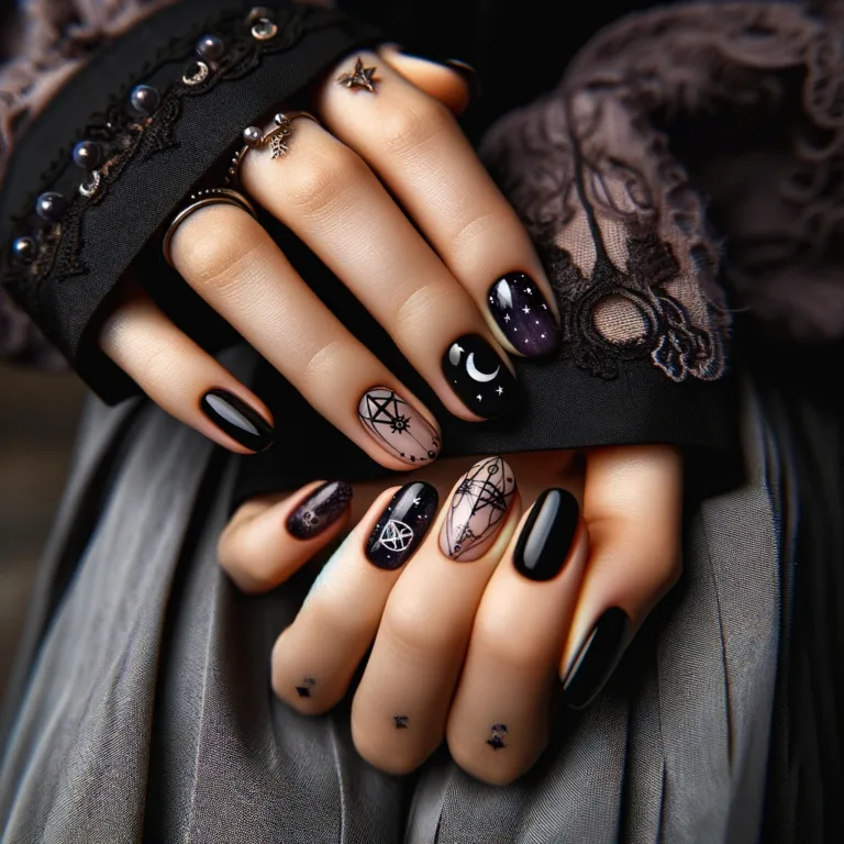 short witchy nails - A close-up photo of hands with short witchy nails. The nails are designed for a practical yet stylish look, featuring subtle witchy designs like tiny
