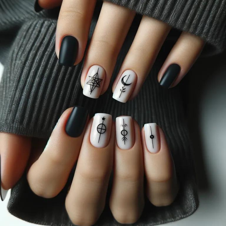 simple witchy nails - A close-up photo of hands with simple witchy nails. The nails are either square or round in shape, featuring minimalistic designs that emphasize clean