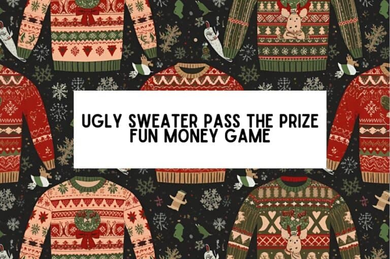 ugly sweater pass the prize - text atop a repeating pattern of ugly sweater christmas